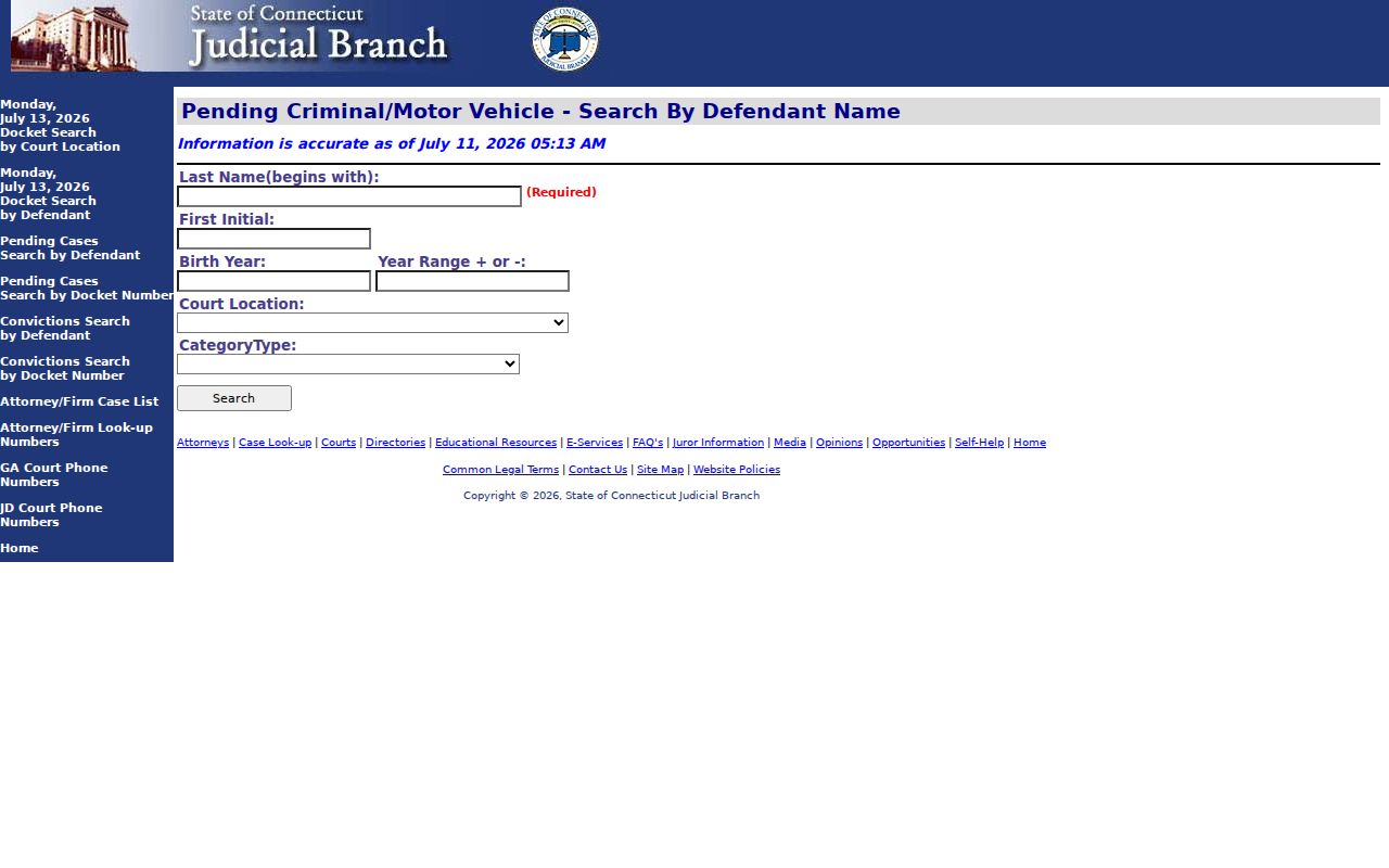 Norwalk court dockets pending criminal motor vehicle defendant search