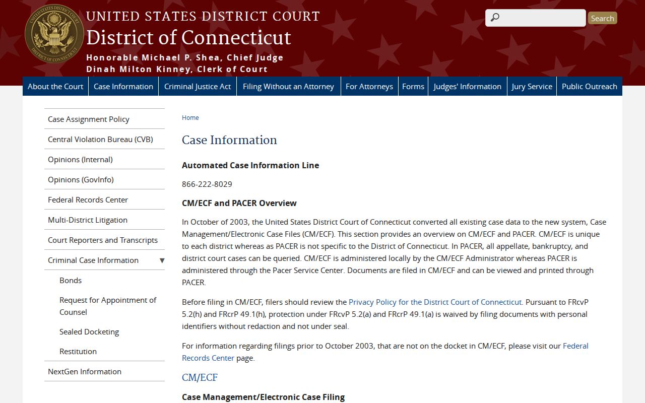 Norwalk court records District of Connecticut case information page