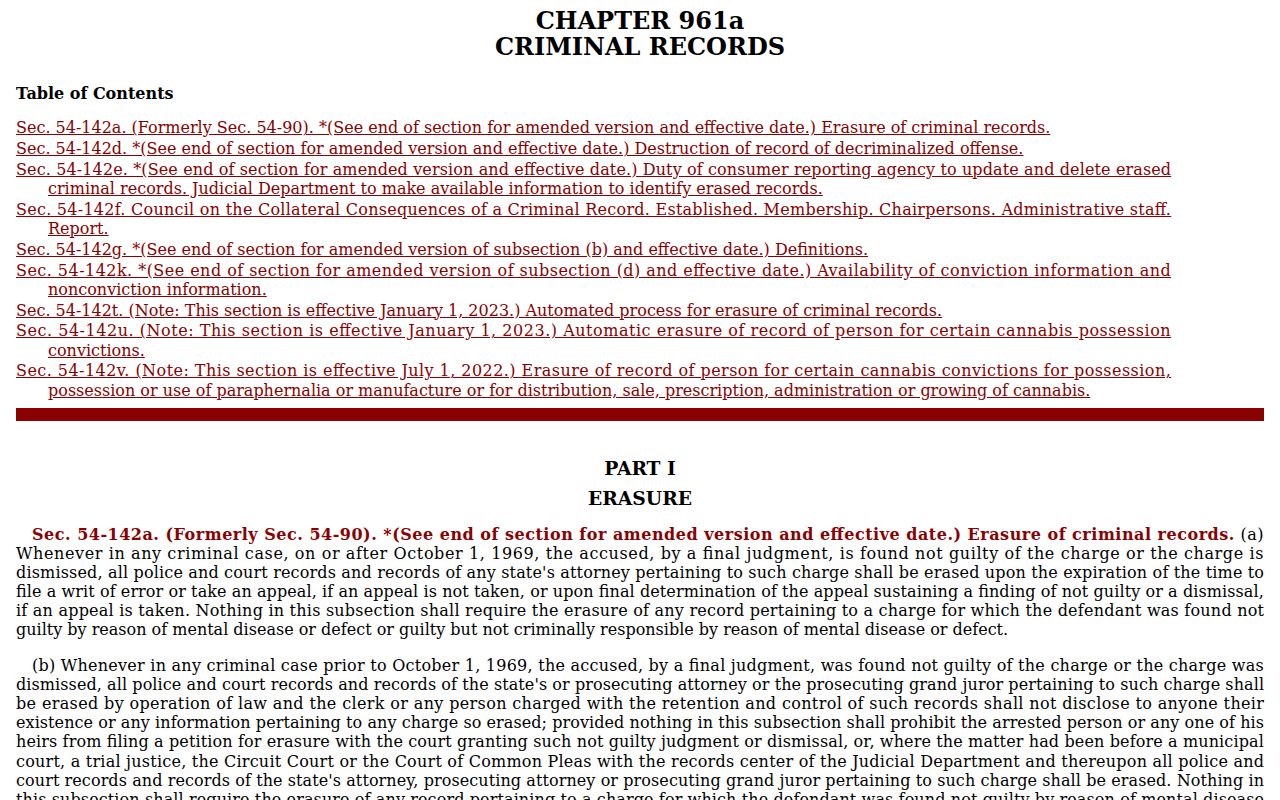 Norwalk criminal court records Connecticut criminal record erasure statute