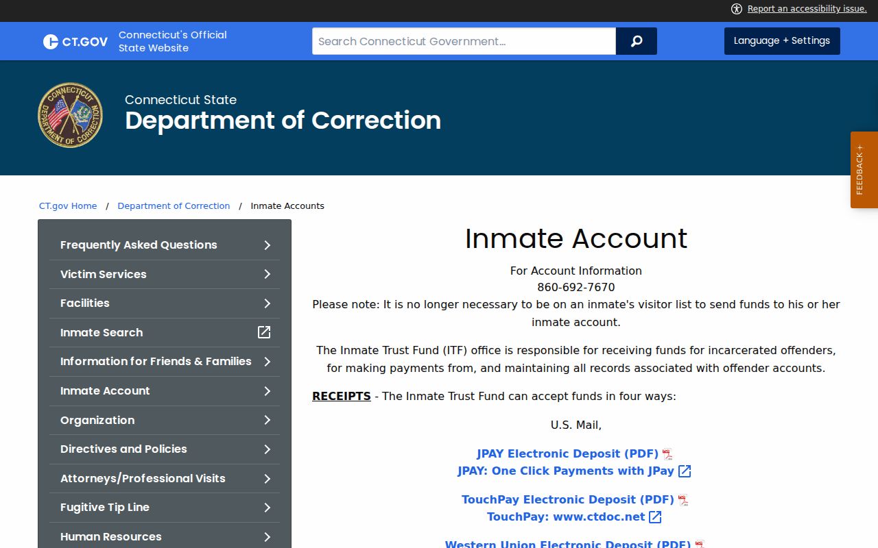 Norwalk inmate records Connecticut DOC inmate accounts source