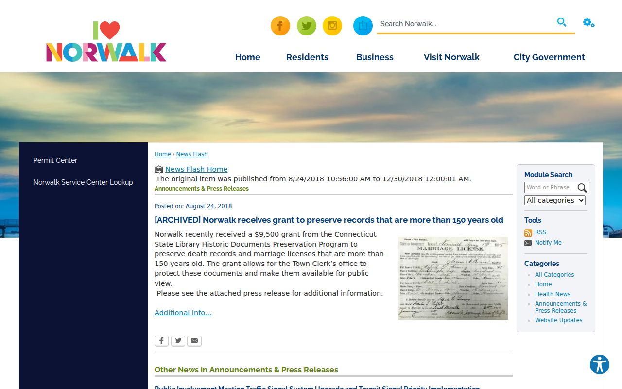 Norwalk marriage records historic document preservation notice